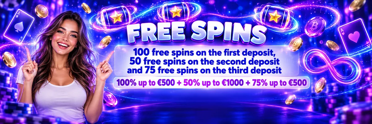 Slots Gallery free spins banner showing a front-facing young woman pointing towards glowing free-spin symbols and neon infinity graphics